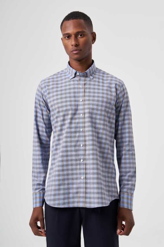 Regular Fit Paşa Yaka Ekoseli Açık Kahve Erkek Gömlek