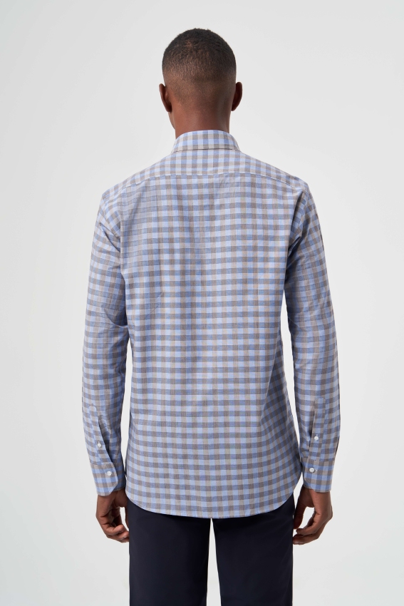 Regular Fit Paşa Yaka Ekoseli Açık Kahve Erkek Gömlek (1)