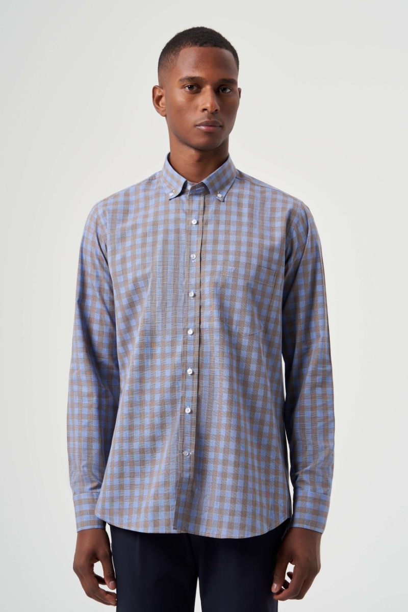 Regular Fit Paşa Yaka Ekoseli Kahve Erkek Gömlek