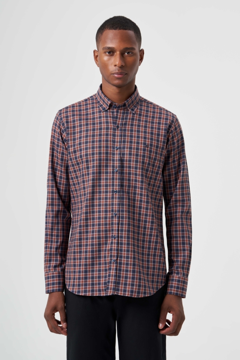 Regular Fit Paşa Yaka Ekoseli Kahve Spor Erkek Gömlek