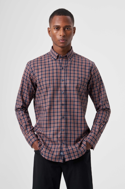 Regular Fit Paşa Yaka Ekoseli Kahve Spor Erkek Gömlek - 4