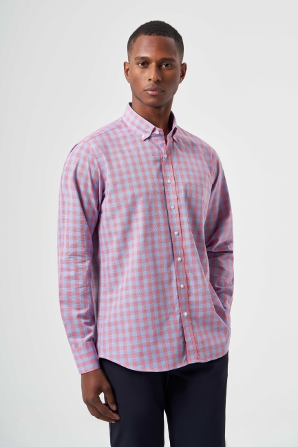 Regular Fit Paşa Yaka Ekoseli Kırmızı Erkek Gömlek - 3