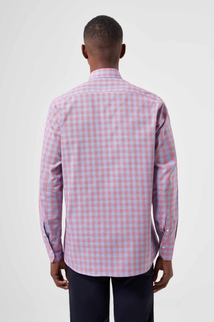 Regular Fit Paşa Yaka Ekoseli Kırmızı Erkek Gömlek - 2