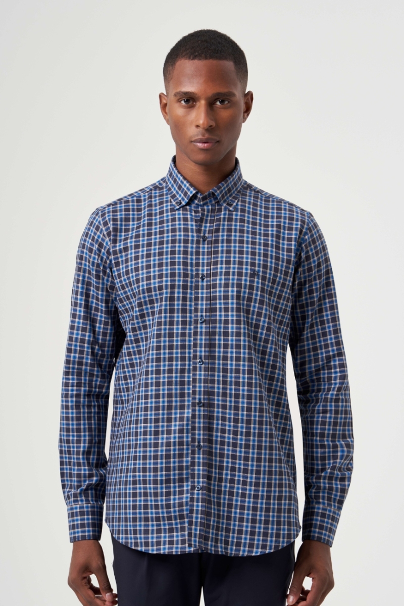 Regular Fit Paşa Yaka Ekoseli Lacivert Spor Erkek Gömlek