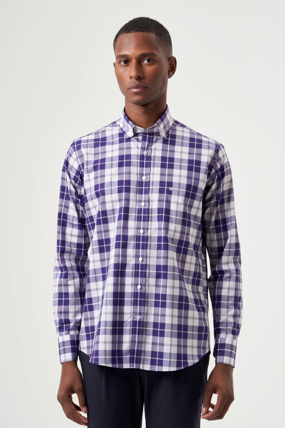 Regular Fit Paşa Yaka Ekoseli Lila Erkek Gömlek