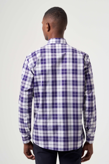 Regular Fit Paşa Yaka Ekoseli Lila Erkek Gömlek - 2