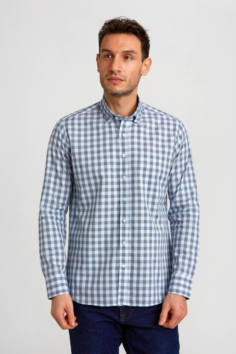 Regular Fit Paşa Yaka Ekoseli Mavi Erkek Gömlek - 4