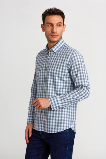 Regular Fit Paşa Yaka Ekoseli Mavi Erkek Gömlek 