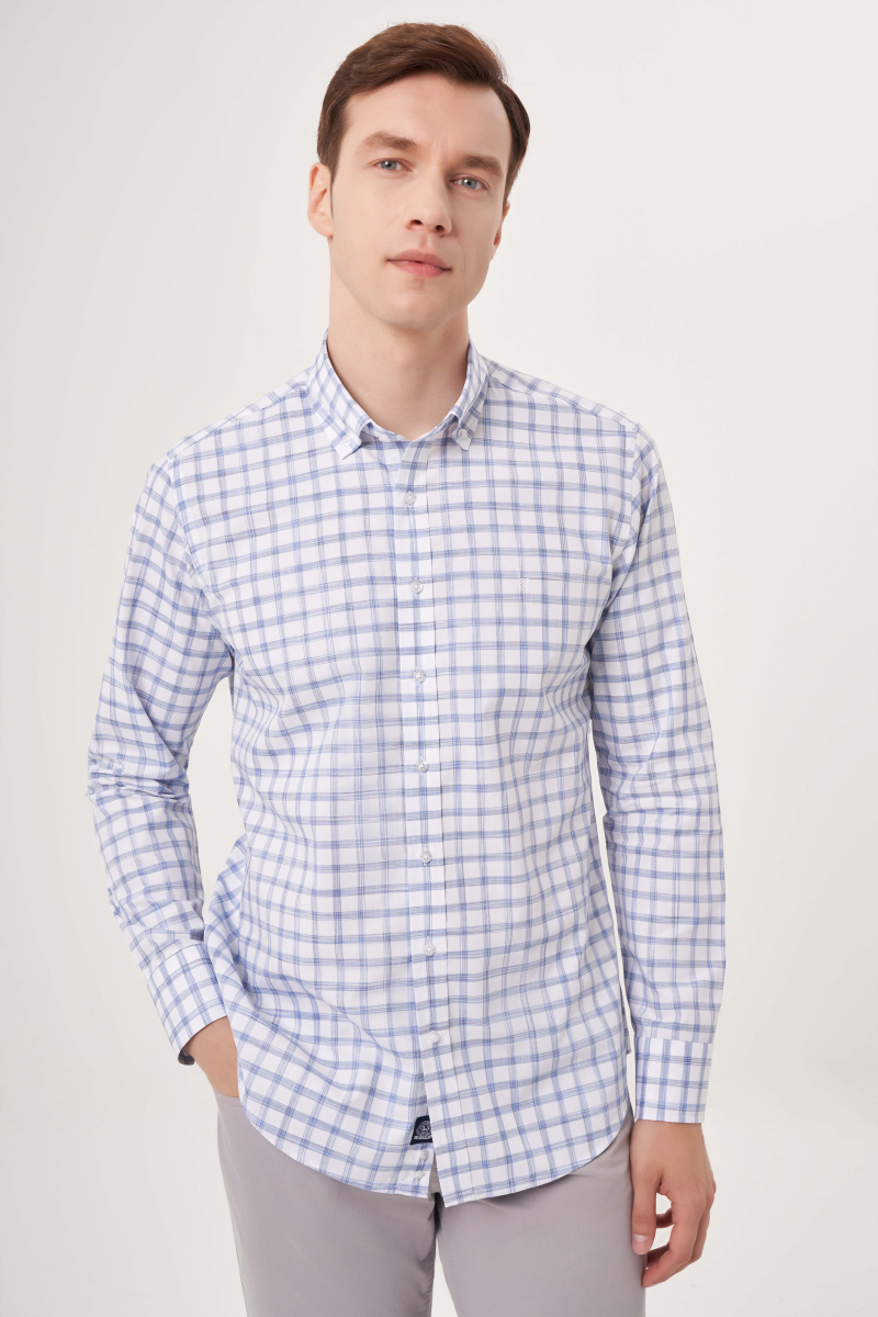 Regular Fit Paşa Yaka Ekoseli Mavi Spor Erkek Gömlek
