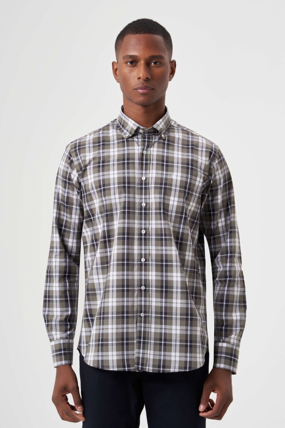 Regular Fit Paşa Yaka Haki Ekoseli Erkek Gömlek