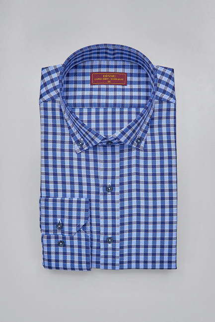 Regular Fit Paşa Yaka Kare Desenli Lacivert Pamuk Erkek Gömlek - 3