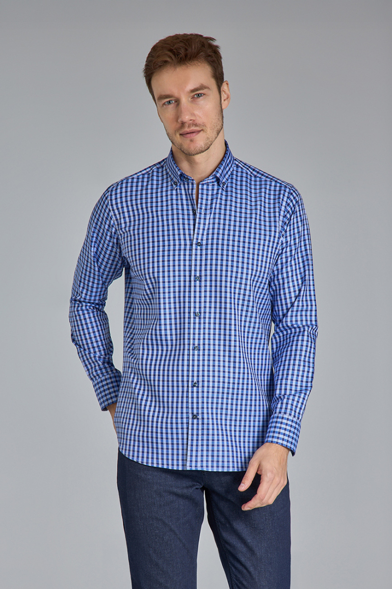 Regular Fit Paşa Yaka Kare Desenli Lacivert Pamuk Erkek Gömlek