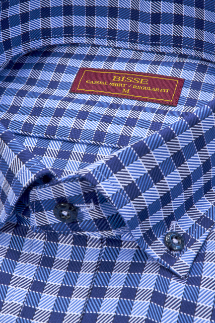 Regular Fit Paşa Yaka Kare Desenli Lacivert Pamuk Erkek Gömlek - 4