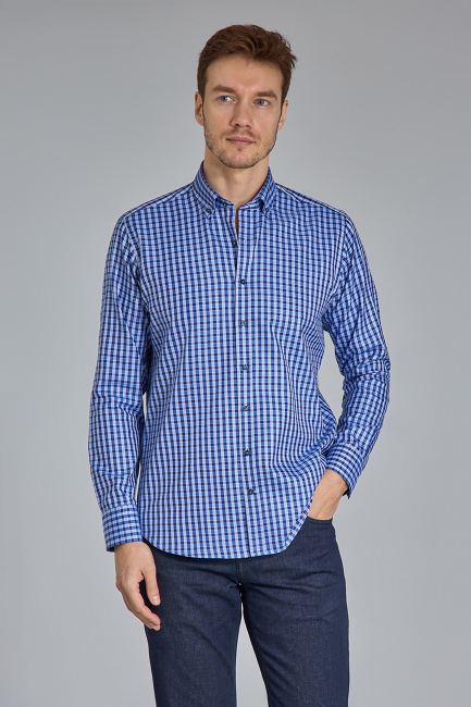 Regular Fit Paşa Yaka Kare Desenli Lacivert Pamuk Erkek Gömlek - 5