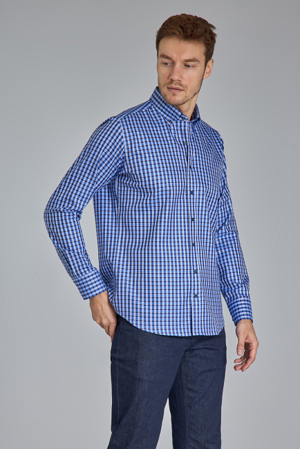 Regular Fit Paşa Yaka Kare Desenli Lacivert Pamuk Erkek Gömlek - 2