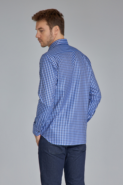 Regular Fit Paşa Yaka Kare Desenli Lacivert Pamuk Erkek Gömlek - 6