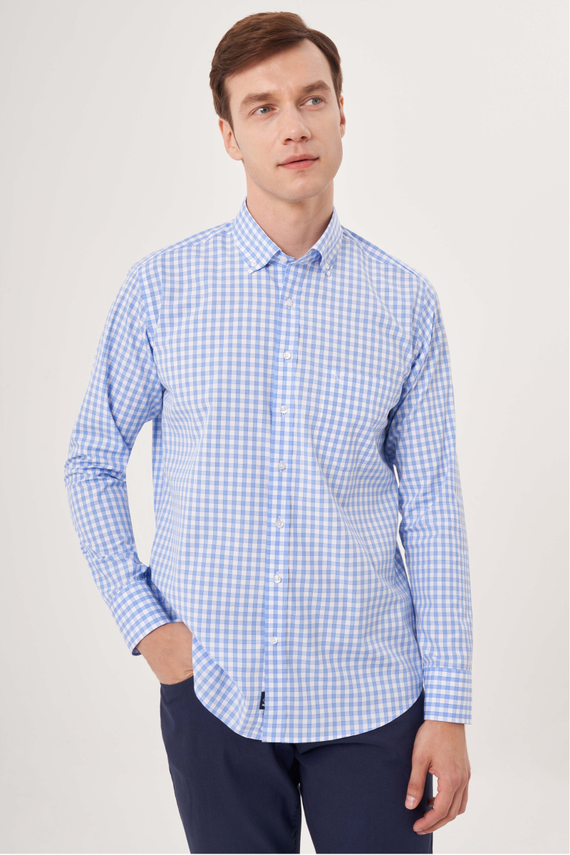 Regular Fit Paşa Yaka Kareli Mavi Spor Erkek Gömlek