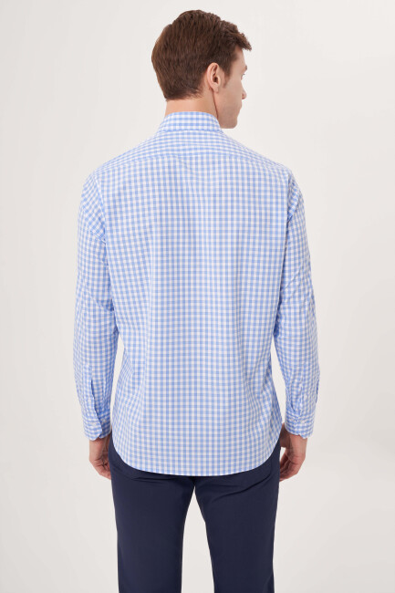 Regular Fit Paşa Yaka Kareli Mavi Spor Erkek Gömlek - 2