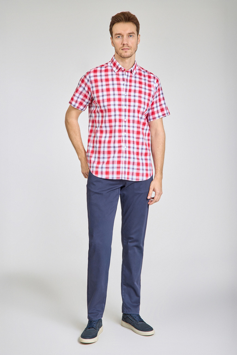 Regular Fit Paşa Yaka Kırmızı Desenli Pamuk Keten Erkek Gömlek (1)