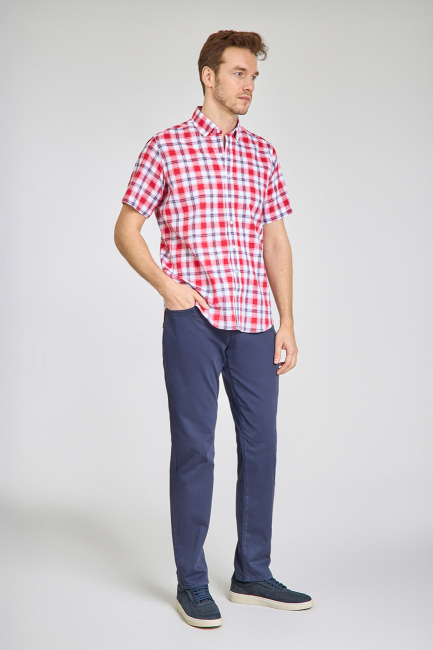 Regular Fit Paşa Yaka Kırmızı Desenli Pamuk Keten Erkek Gömlek - 5