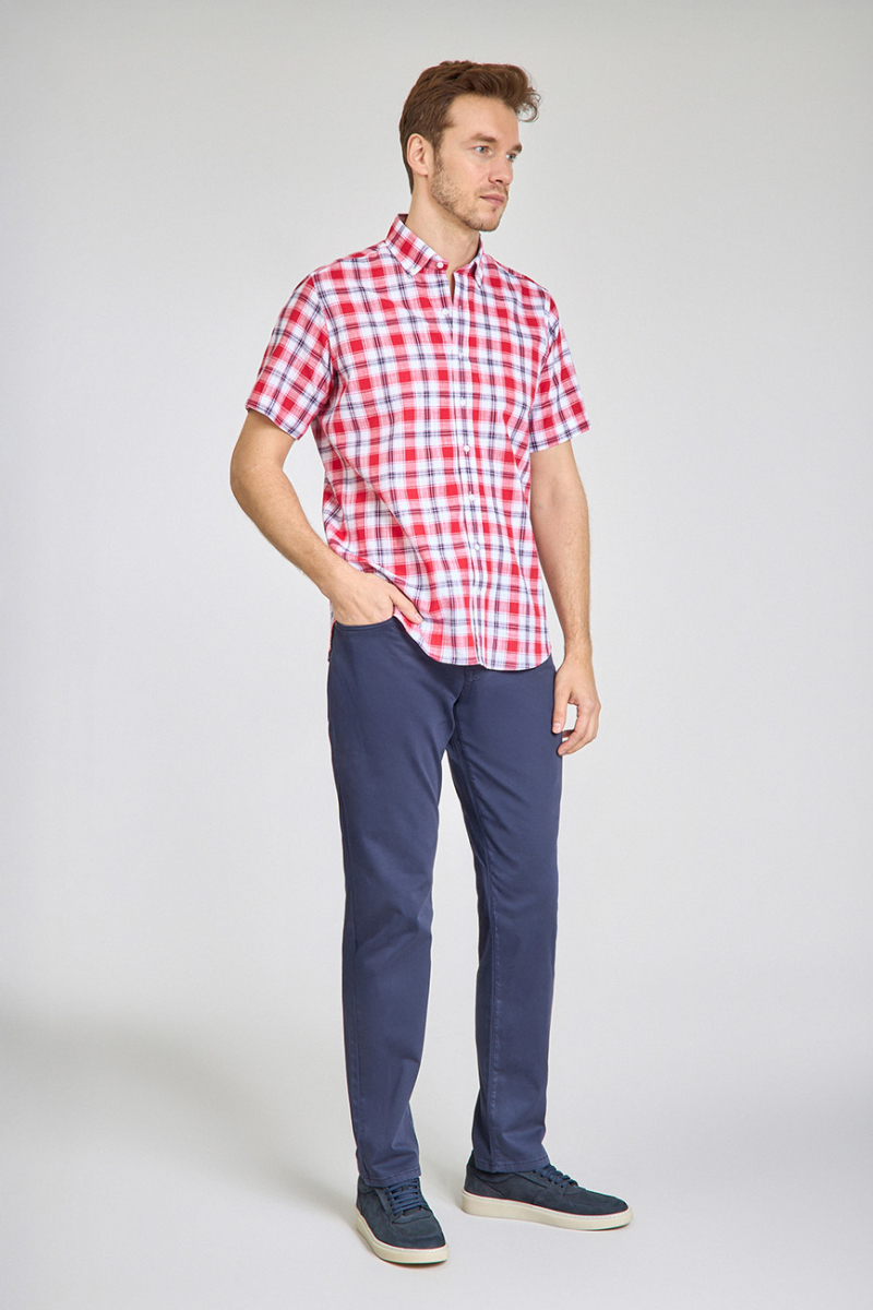 Regular Fit Paşa Yaka Kırmızı Desenli Pamuk Keten Erkek Gömlek - 5