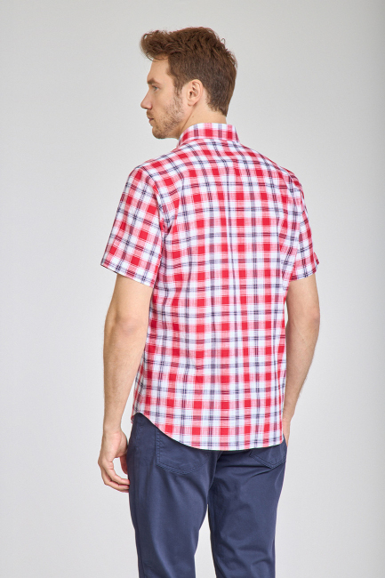 Regular Fit Paşa Yaka Kırmızı Desenli Pamuk Keten Erkek Gömlek - 6