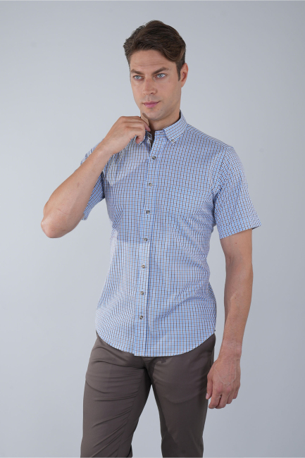 Regular Fit Paşa Yaka Kısa Kol Pamuk Kahve Erkek Gömlek - 3