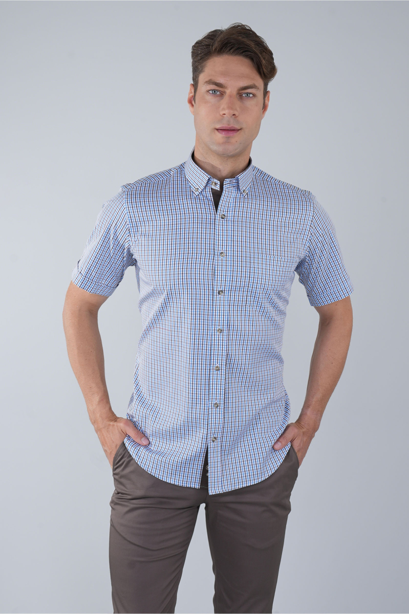 Regular Fit Paşa Yaka Kısa Kol Pamuk Kahve Erkek Gömlek