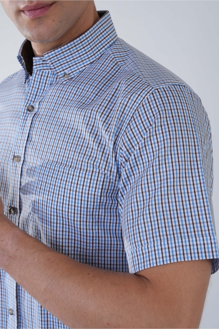 Regular Fit Paşa Yaka Kısa Kol Pamuk Kahve Erkek Gömlek - 5