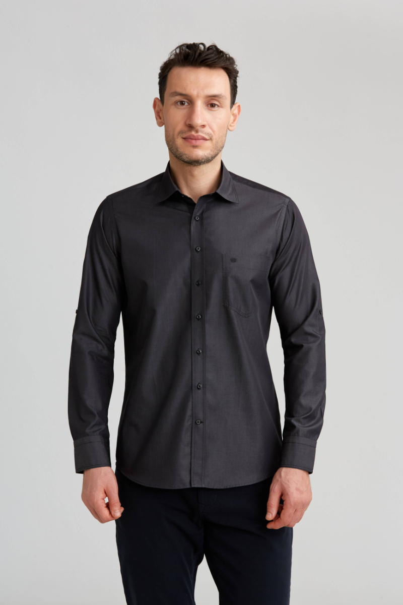 Regular Fit Paşa Yaka Kol İçi Apoletli Antrasit Erkek Gömlek