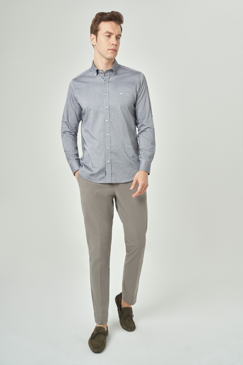 Regular Fit Paşa Yaka Kol İçi Apoletli Gri Erkek Gömlek - 3