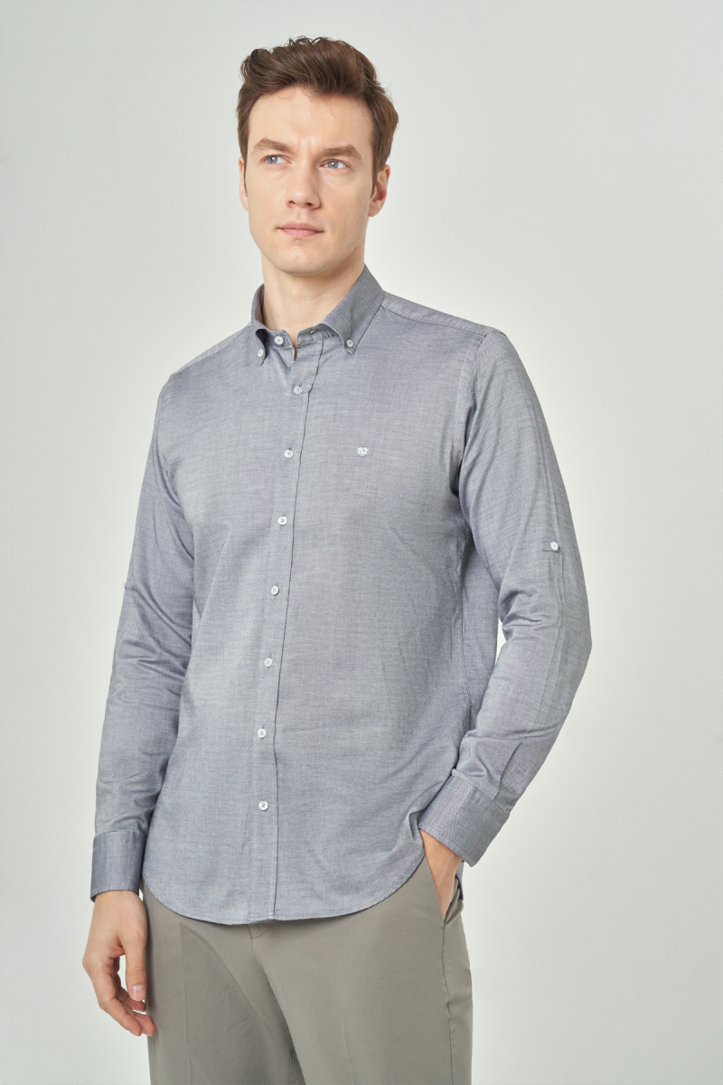 Regular Fit Paşa Yaka Kol İçi Apoletli Gri Erkek Gömlek