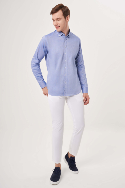 Regular Fit Paşa Yaka Kol İçi Apoletli Mavi Basic Erkek Gömlek - 4