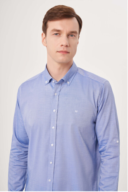 Regular Fit Paşa Yaka Kol İçi Apoletli Mavi Basic Erkek Gömlek - 3