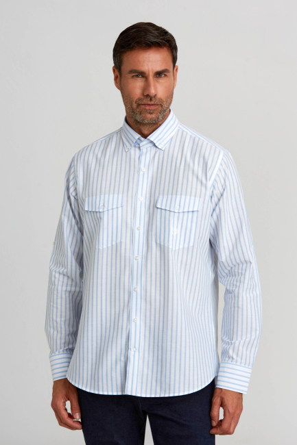 Regular Fit Paşa Yaka Kol İçi Apoletli Mavi Spor Basic Erkek Gömlek - 3