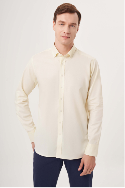 Regular Fit Paşa Yaka Kol İçi Apoletli Sarı Basic Erkek Gömlek 