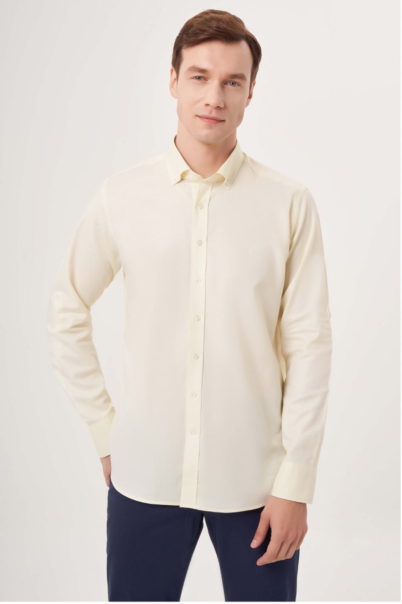 Regular Fit Paşa Yaka Kol İçi Apoletli Sarı Basic Erkek Gömlek