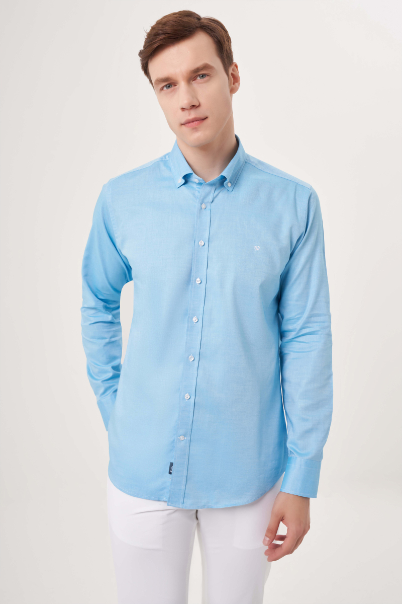 Regular Fit Paşa Yaka Kol İçi Apoletli Turkuaz Erkek Gömlek