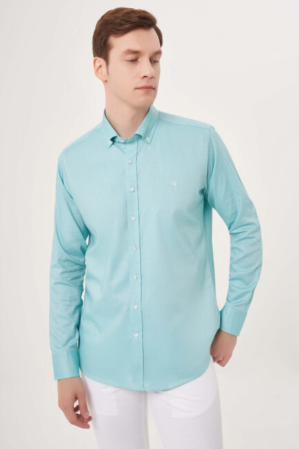 Regular Fit Paşa Yaka Kol İçi Apoletli Yeşil Erkek Gömlek