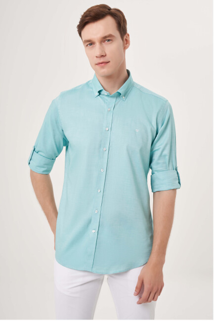 Regular Fit Paşa Yaka Kol İçi Apoletli Yeşil Erkek Gömlek - 4