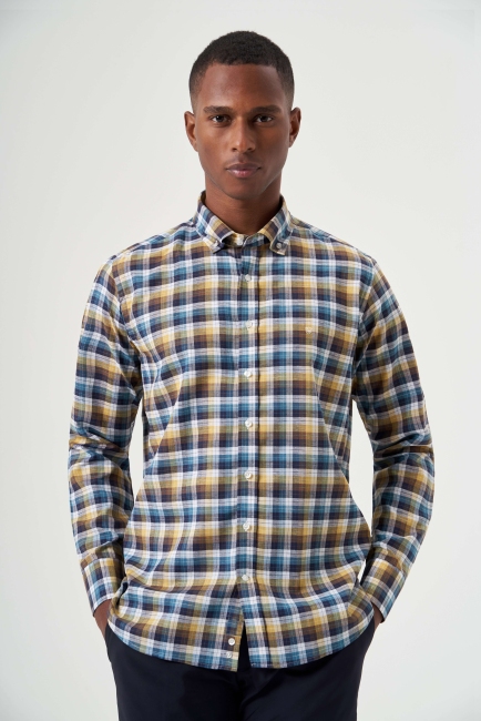 Regular Fit Paşa Yaka Lacivert Ekoseli Spor Erkek Gömlek 