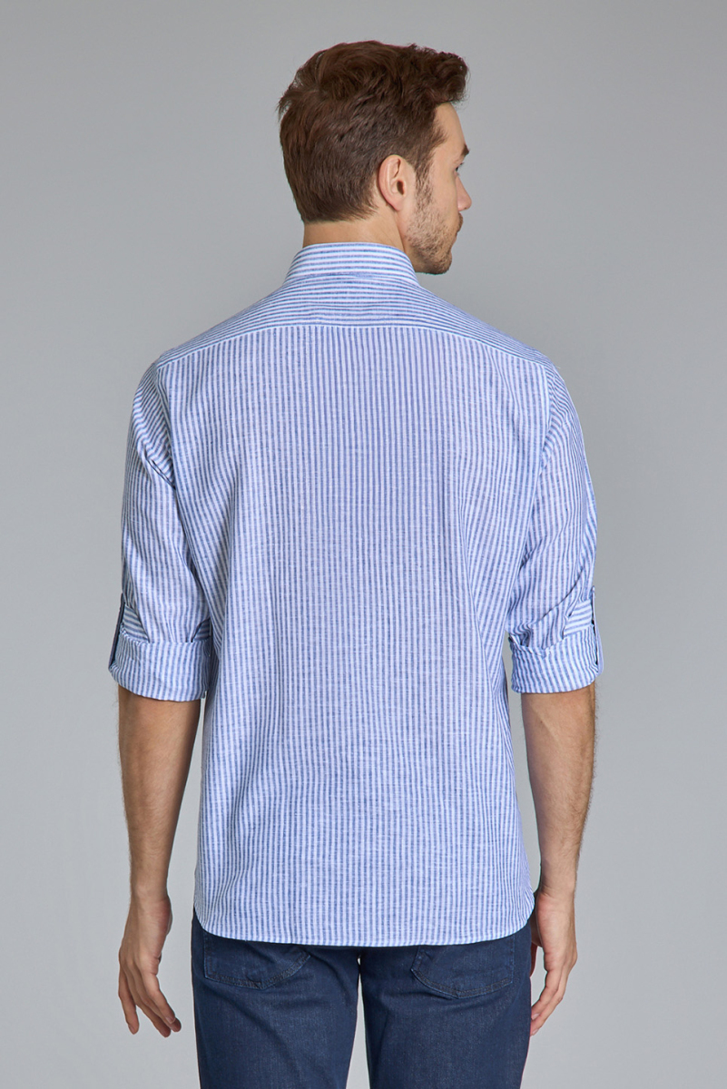 Regular Fit Paşa Yaka Lacivert Pamuk Keten Erkek Gömlek - 3