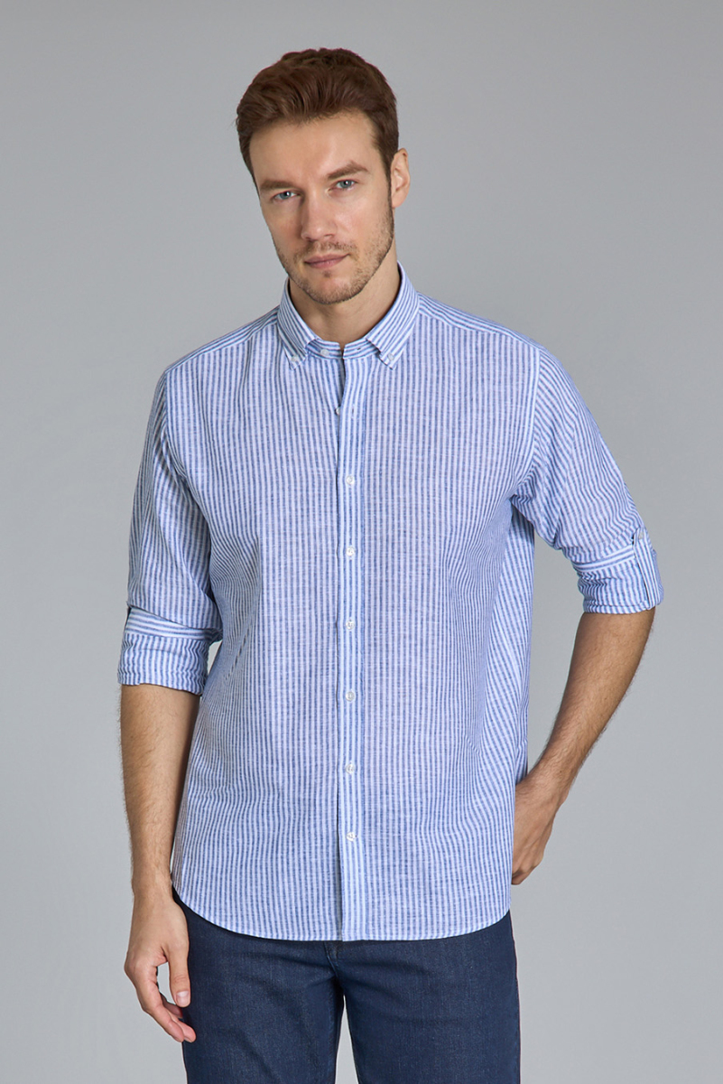 Regular Fit Paşa Yaka Lacivert Pamuk Keten Erkek Gömlek - 4