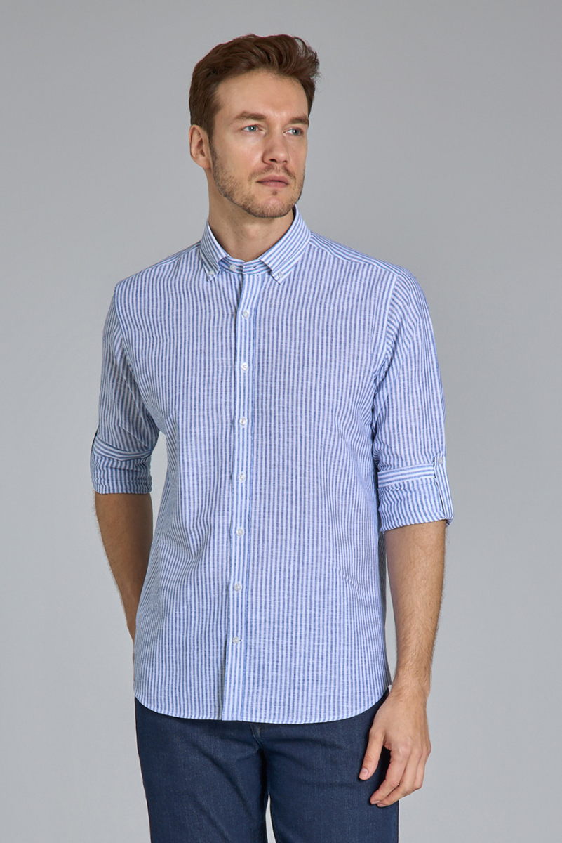 Regular Fit Paşa Yaka Lacivert Pamuk Keten Erkek Gömlek