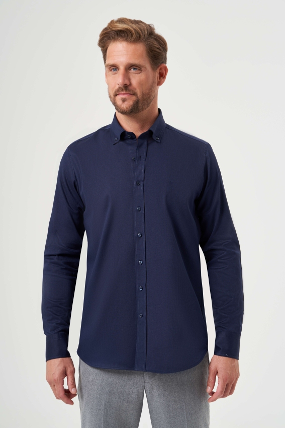 Regular Fit Paşa Yaka Lacivert Spor Basic Erkek Gömlek