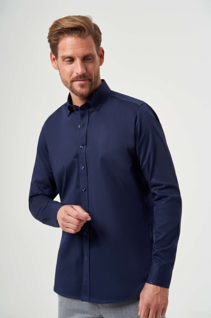 Regular Fit Paşa Yaka Lacivert Spor Basic Erkek Gömlek - 5