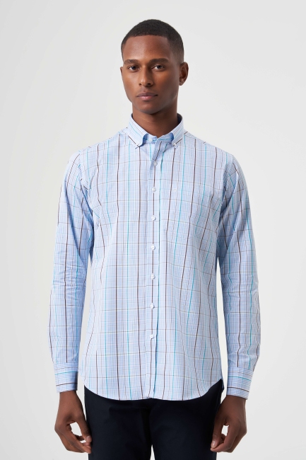 Regular Fit Paşa Yaka Mavi Basic Spor Erkek Gömlek