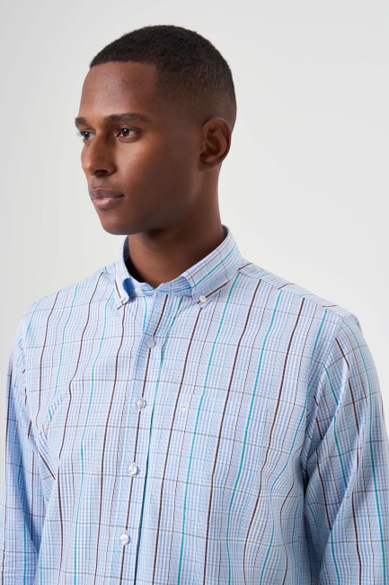 Regular Fit Paşa Yaka Mavi Basic Spor Erkek Gömlek - 4