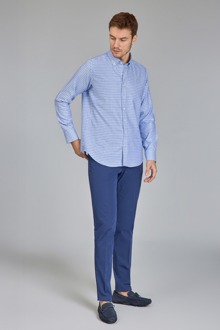 Regular Fit Paşa Yaka Mavi Pamuk Erkek Gömlek - 3