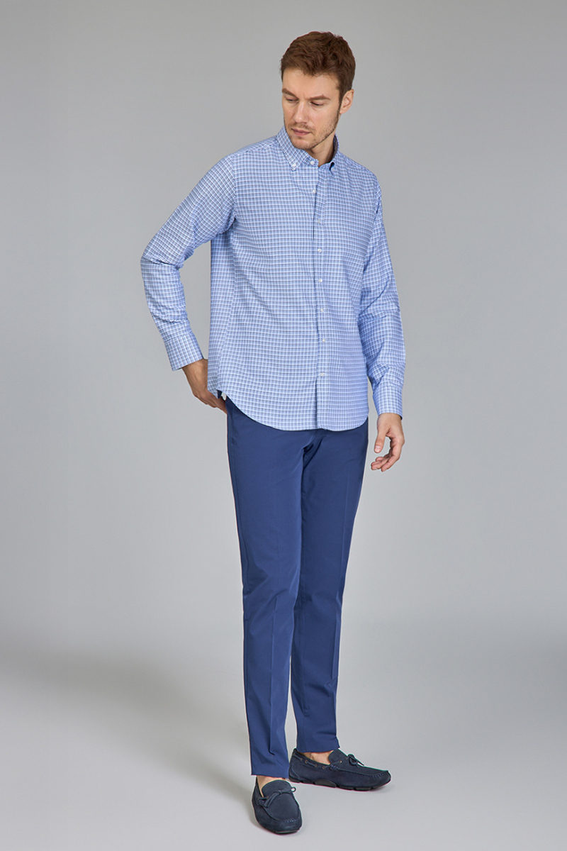 Regular Fit Paşa Yaka Mavi Pamuk Erkek Gömlek - 3